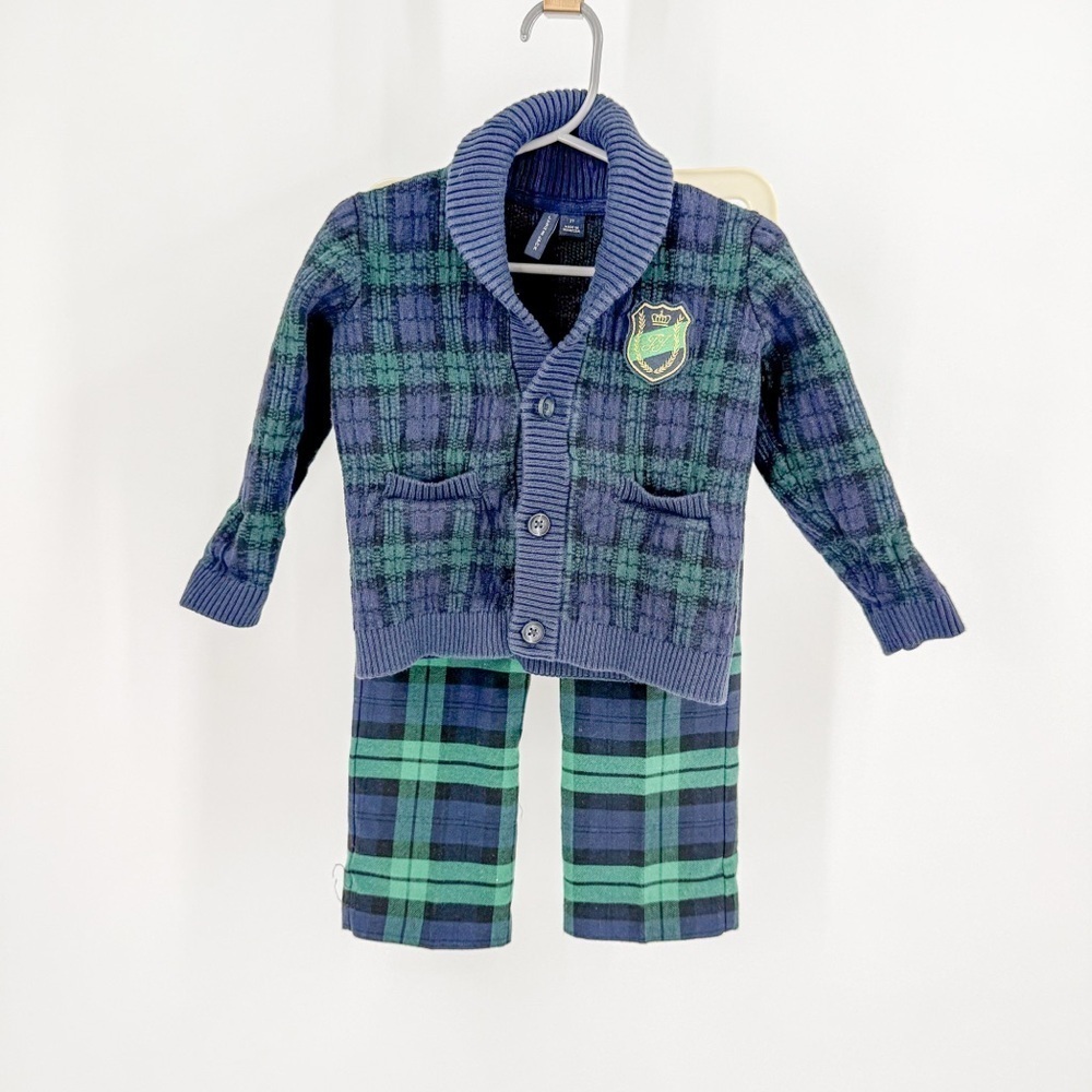 Janie and Jack Plaid Crest patch cardigan and pants